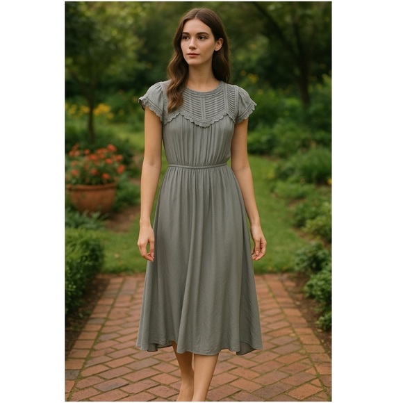 THE GREAT Silk Ruffle Lace Trim Pintuck Pleat Victorian Cap Sleeve Midi Dress L - Picture 1 of 8